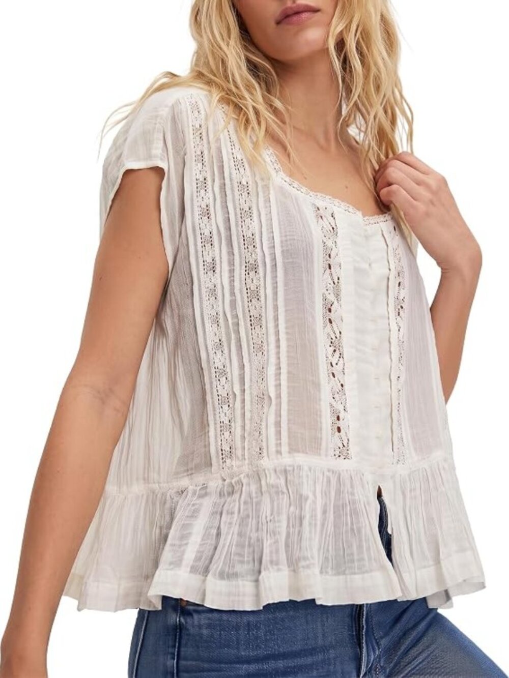 NEW Women Boho Semi Sheer Blouse Lace Trim Button Down Short Sleeve Top - size M